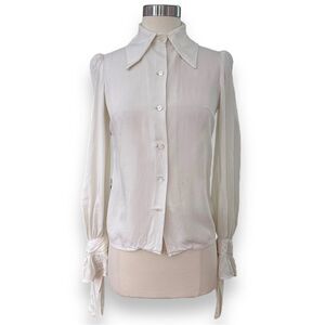 JEAN VARON | Vintage 70s Dagger Collar Puff Sleeve Tie Button Down Shirt White
